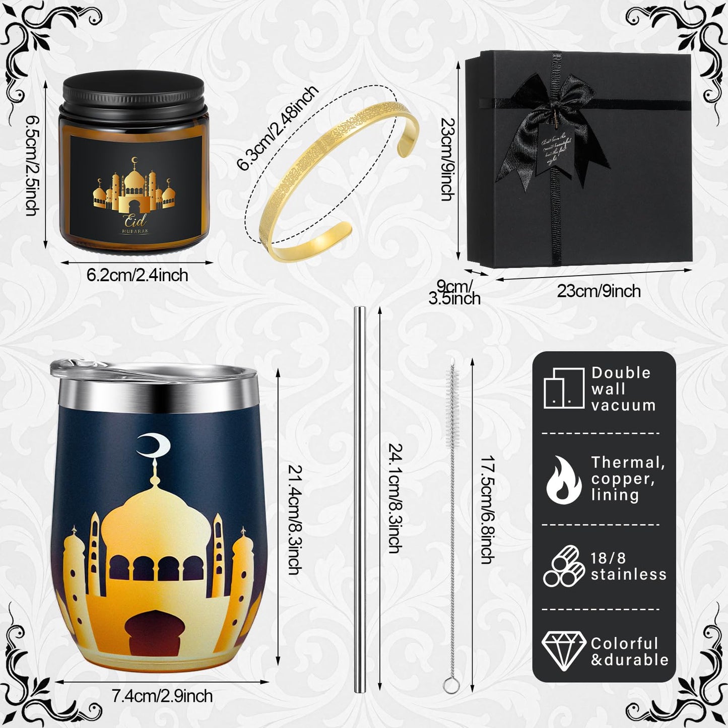 Geiserailie 8 Pcs Islamic Ramadan Eid Gifts Set Include Prayer Rug with Prayer Bead and Portable Bag Quran Metal Bookmark Tumbler Scented Candle Bracelet Box for Men Women Eid Holidays New Year Gifts
