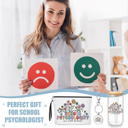 Kacctyen School Psychologist Gift Set for Women, Appreciation Gifts Includes Makeup Bag, 17 oz Glass Cup with Lid and Straw & Keychain, Thank You for School Psychologists