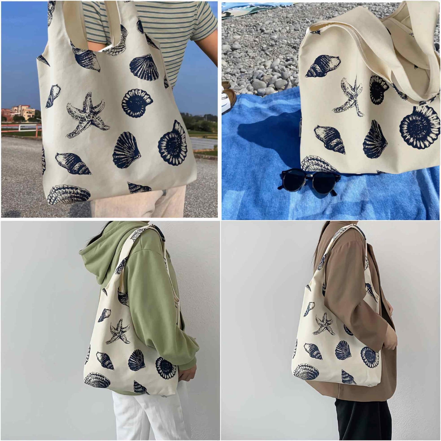 Beach Inspired Canvas Tote Bag For Women, Nautical Seashell And Starfish Print, Casual Shoulder Bag Aesthetic, Cute Small Book Tote, Portable Washable For Women Grocery Shopping Gift For Birthday Day