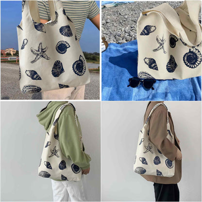 Beach Inspired Canvas Tote Bag For Women, Nautical Seashell And Starfish Print, Casual Shoulder Bag Aesthetic, Cute Small Book Tote, Portable Washable For Women Grocery Shopping Gift For Birthday Day