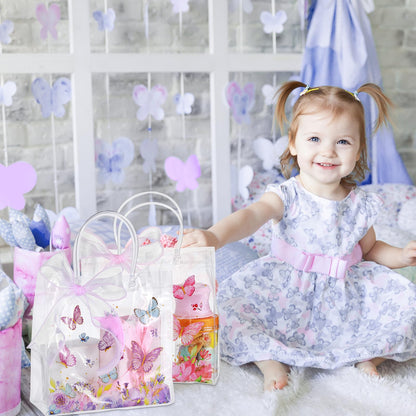 Hosuly 24 Pcs Butterfly Gift Bags with Ribbon, Clear PVC Spring Butterfly Treat Bags with Handles, Reusable Pink Purple Transparent Favor Bag for Wedding, Baby Shower, Birthday, Theme Party