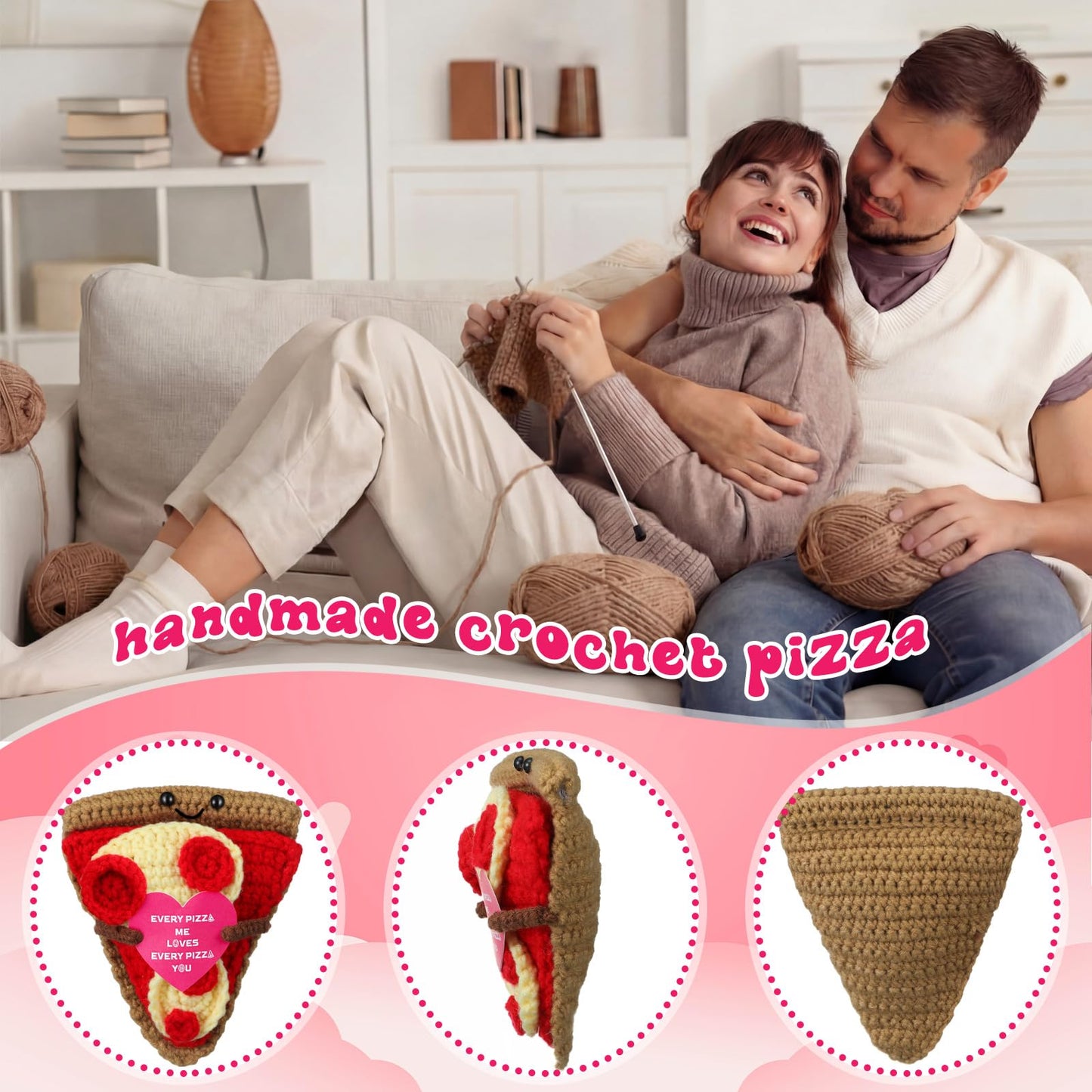 RoundFunny Funny Positive Gifts Pizza Handmade Crochet Doll with Card, Cute Knitted Holiday Pizza I Love You Gifts for Birthday Anniversary Graduation Home Party Decor