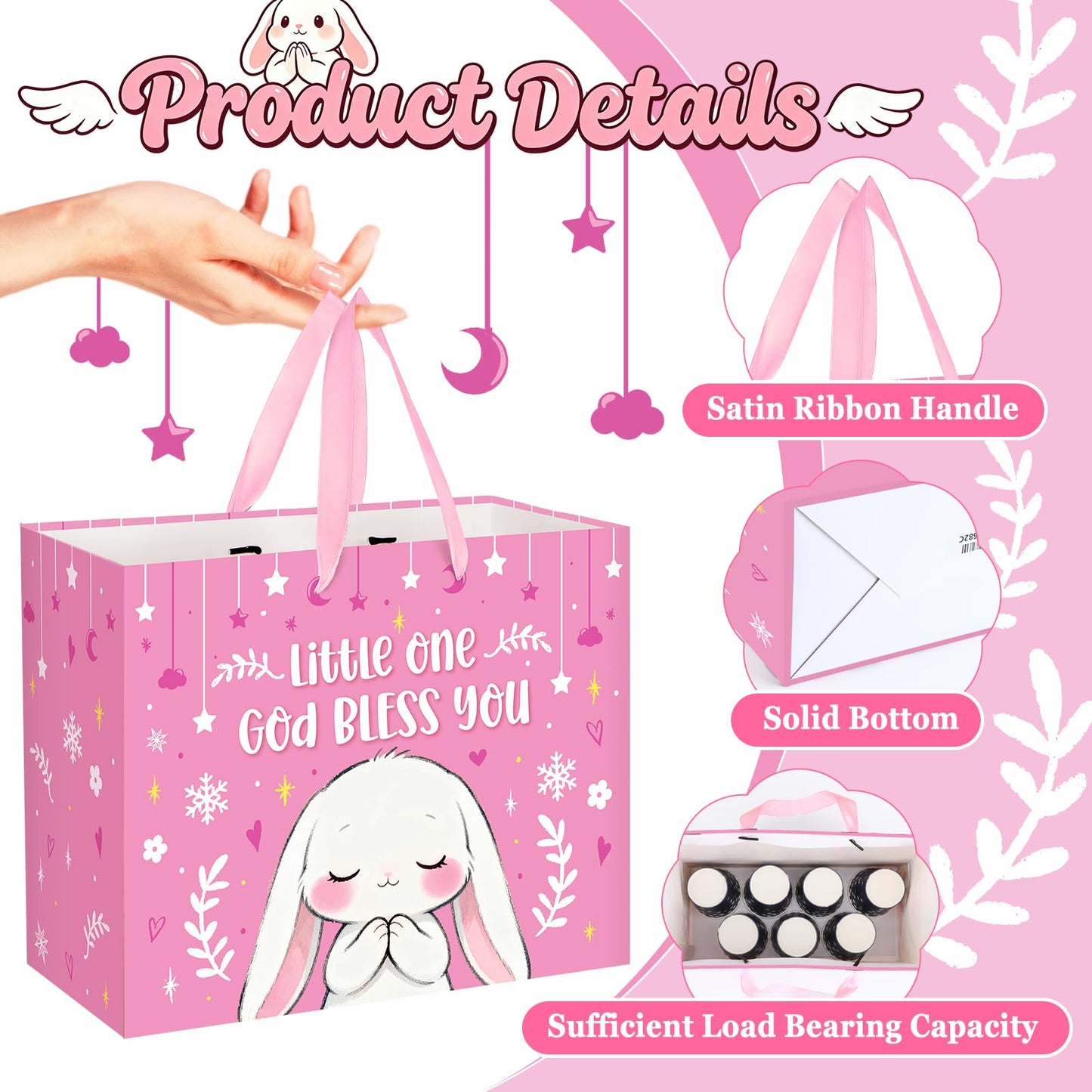 Large Baptism Gift Bags for Girls, Bunny Pray Pink Christening Gift Cross Gift Bag with Tissue Paper Card Little One God Bless You Religious First Holy Communion Wrapping Paper for Baby Girl Baptisms