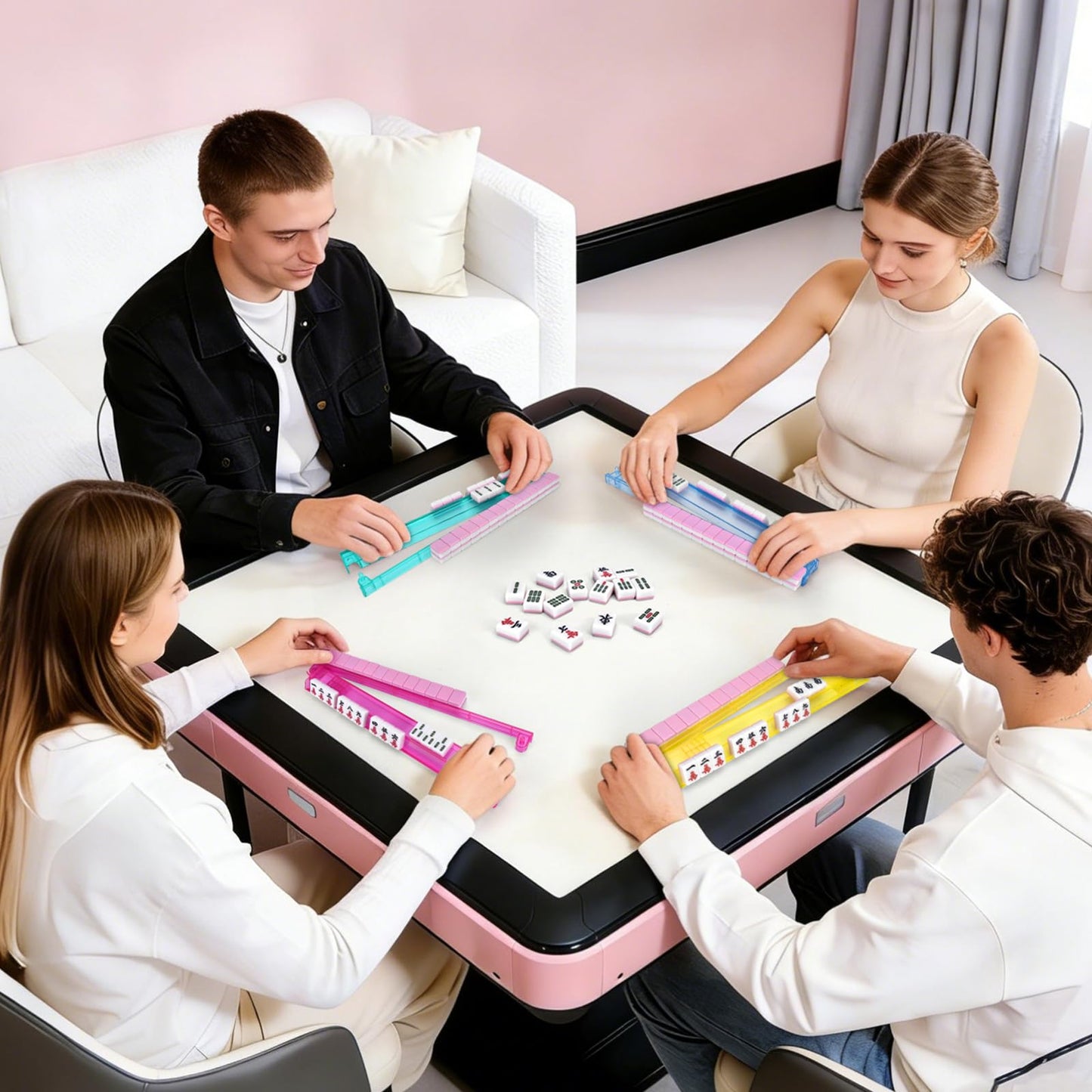 Non-Slip Mahjong Racks with Pushers, 4-Pack Clear Acrylic Racks, American Mahjong Accessories, Gift-Ready Mahjong Gifts (Clear)