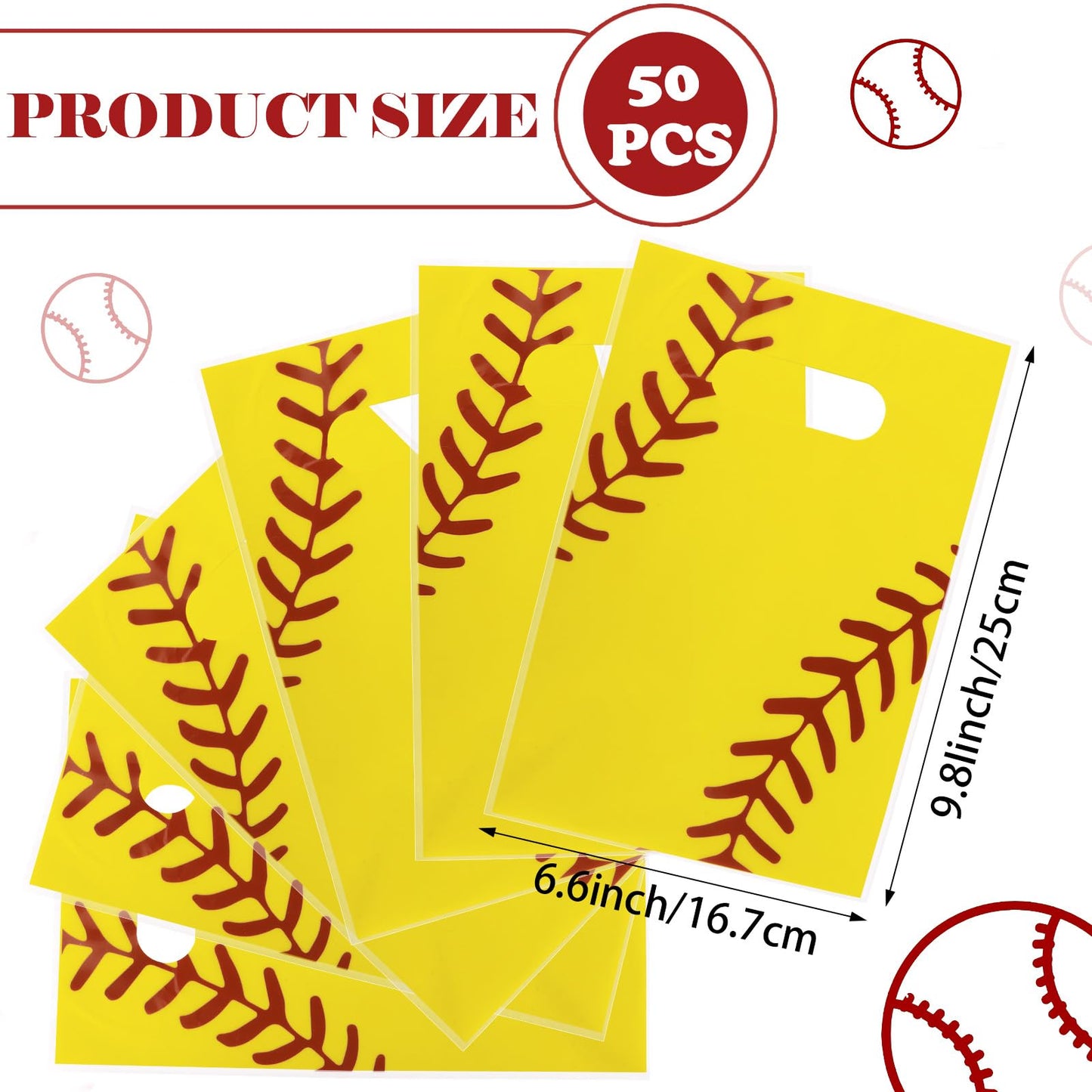 Hxezoc 50 Pieces Softball Gift Bags with Handle, Plastic Treat Candy Bag Sport Favor Bags For Kids Birthday Party Decoration Supplies (Yellow)