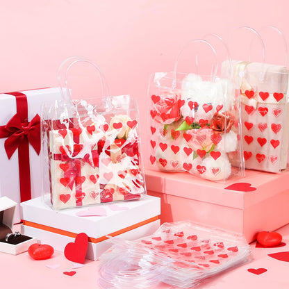 Uiifan 24 Valentines Day Clear PVC Gift Bags Valentines Transparent Heart Sayings Gift Bags with Handle Galentines Day Gifts Reusable Wrap Tote(Red)