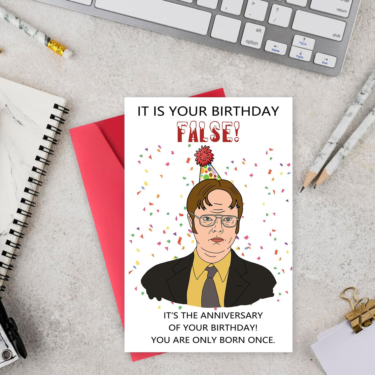 Funny The Office Birthday Card for Men Him, Dwight Schrute Birthday Card, Hilarious The Office Birthday Decorations Gifts for Friend Boyfriend, It is Your Birthday False