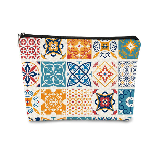 Retro Portuguese Talavera Tiles Makeup Bag,Mandala Vintage Flowers Cosmetic Bag Best Gift Idea for Sister Girls Girlfriend Wife Mom,Birthday Christmas Valentine's Day Gift Makeup Bag