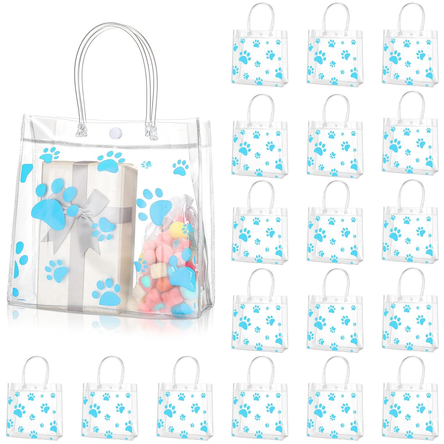 Teling 20 Packs Dog Paw Clear PVC Gift Bags with Handle Reusable Plastic Wrap Tote Bags Transparent for Puppy Pet Treat Party Favor Birthday Wedding Party, 8 x 8 x 3.15 Inch(Blue)