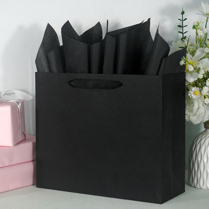 Elegant Black Gift Bag 11.8"x4.5"x9.8" with Ribbon Handles, Includes Card and Tissue Papers, Perfect for Birthdays, Weddings, Parties, Holidays, Baby Shower
