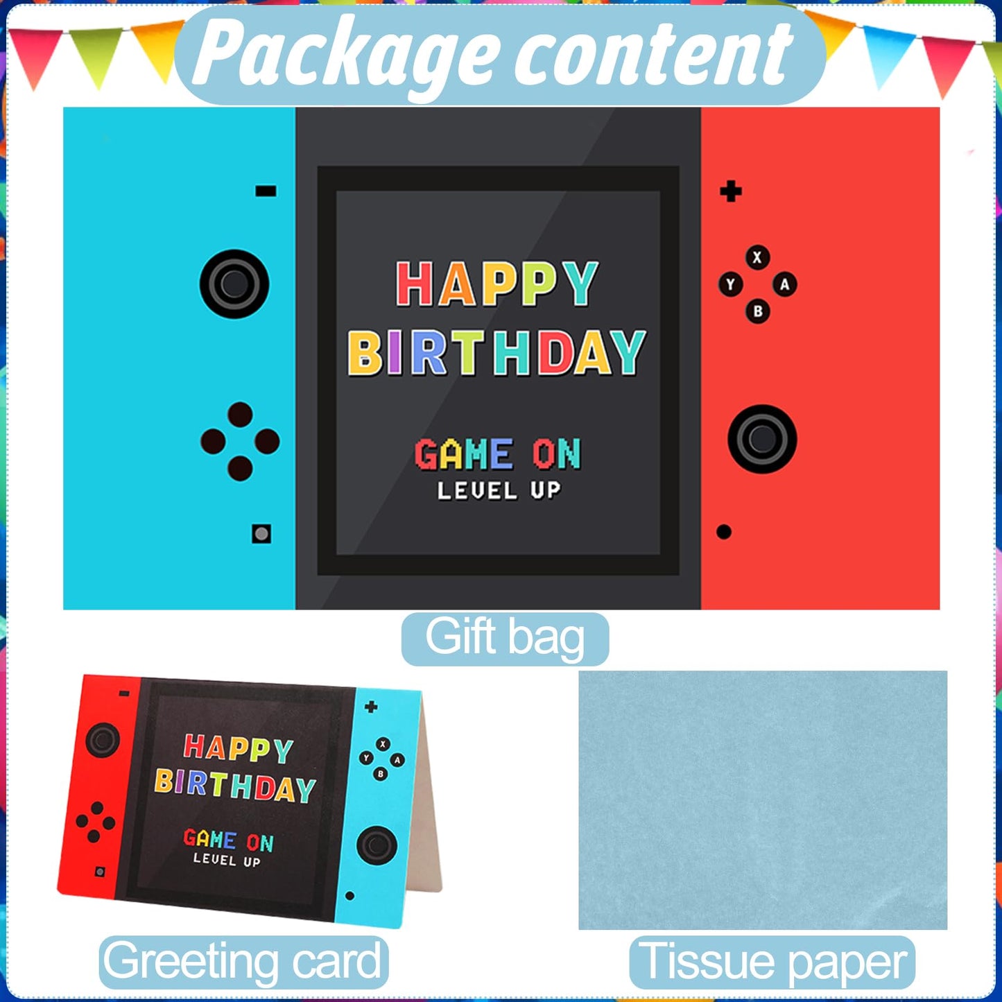 JOARHONAL Video Game Birthday Gift Bag - 13" Large Happy Birthday Gift Bag with Tissue Paper and Card for Boys Kids Video Game Birthday Party Supplies