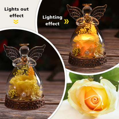 Preserved Real Rose in Glass Angel Figurine with LED Light, Angel Gifts for Women, Mom, Grandma on Mother's Day Christmas Birthday (Yellow)