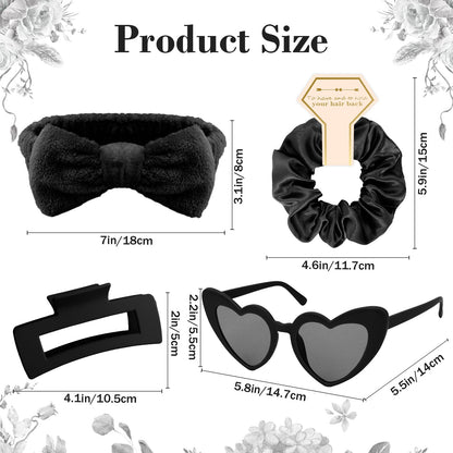 Semato 4 Pcs Black Bridesmaid Proposal Gifts Bridesmaid Spa Headband, Hair Claw Clips, Heart Shaped Sunglasses and Smooth Satin Scrunchies
