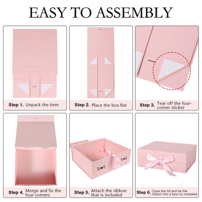 LFBOX Pink Gift Box with Ribbon Magnetic Lids 10.2x9x3.74 in, Christmas Gift Boxes Bridesmaid Groomsman Proposal Boxes, Wedding Storage Box 5 Pack