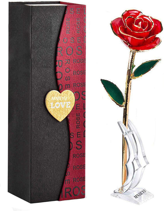 Gold Rose 24K Plated Gold Dipped Rose, Forever Preserved Red Rose Flowers with Stand,Romantic Gift for Valentine's Day and Mothers Day, Anniversary, Birthday,Gifts for Her,Wife,Girlfriend
