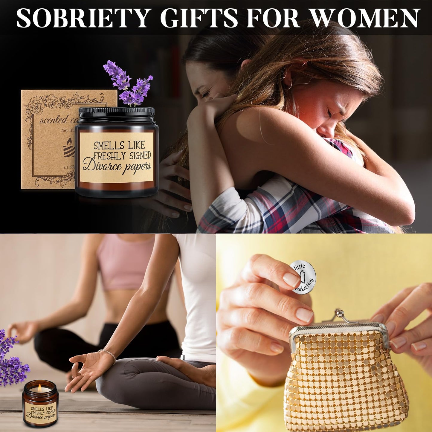 Coume 3 Pcs Divorce Lavender Scented Candle Gifts for Women Scented Candles Pocket Hug Token and PU Leather Keychain Breaking up Funny Gifts for Friends Sister Coworker Men Female(Novel)