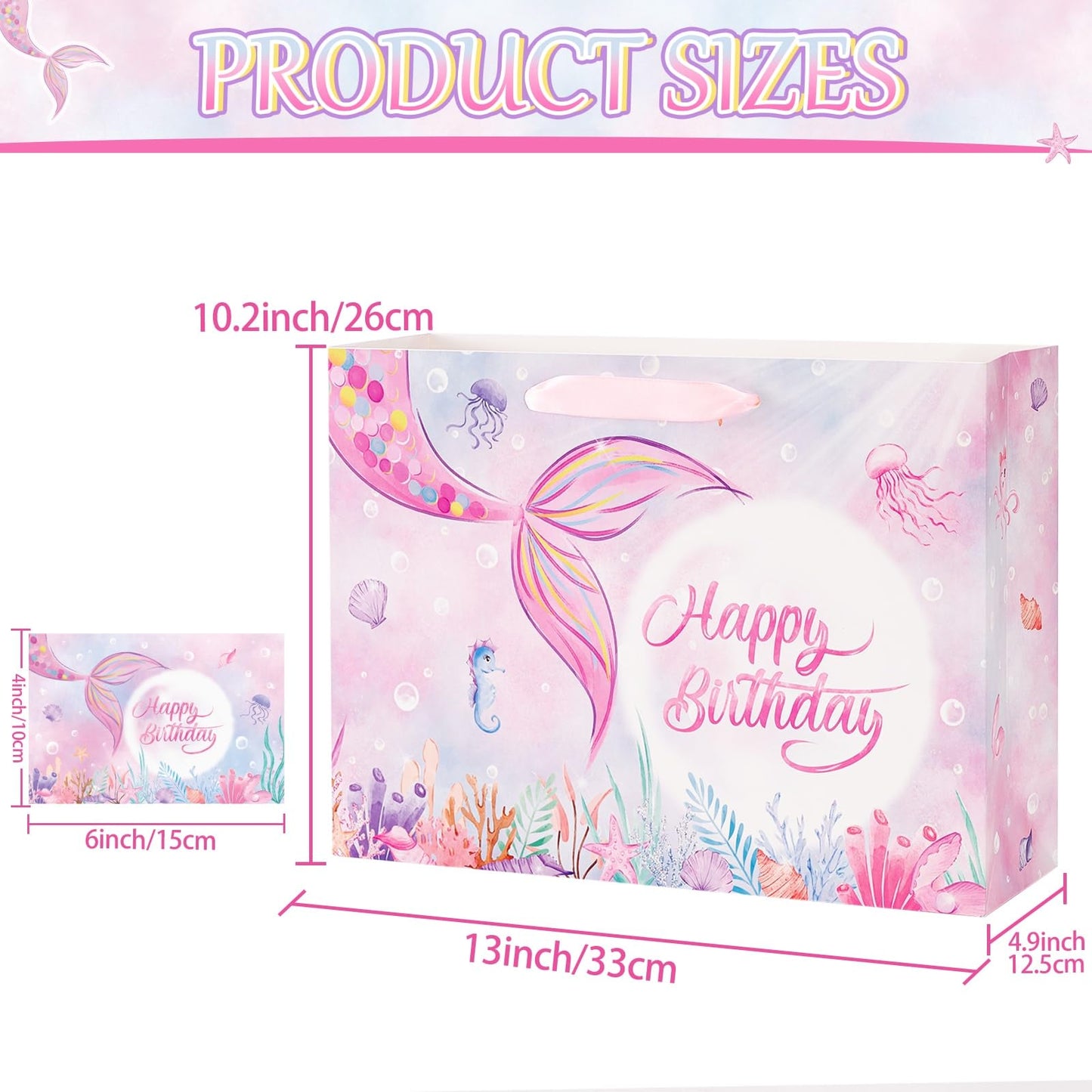 WERNNSAI Mermaid Birthday Bag – 13” Large Birthday Gift Bags for Girls with Greeting Card, Tissue Paper and Handles – Mermaid Gift Bag for Girls' Party