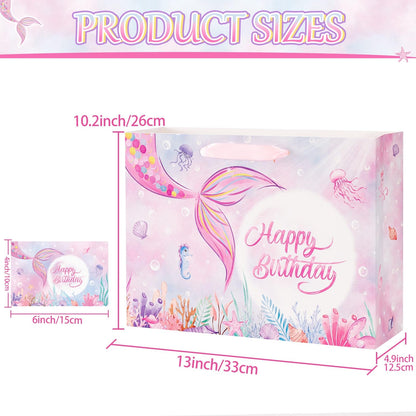 WERNNSAI Mermaid Birthday Bag – 13” Large Birthday Gift Bags for Girls with Greeting Card, Tissue Paper and Handles – Mermaid Gift Bag for Girls' Party