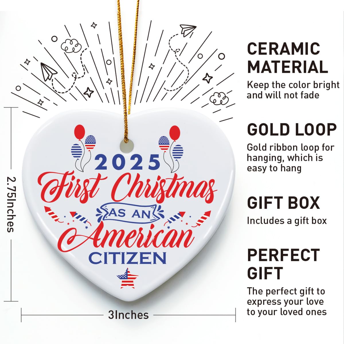 Christmas Ornament Gifts for New Americans, First Christmas as an American Citizen, Keepsake Tree Decorations, US Citizenship Gifts