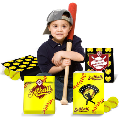 BQK 24 PCS Softball Gift Bags Softball Goodie Bags Softball Treat Bags for Softball Birthday Party Supplies Softball Snack Bags for Girls Team Boys Kids