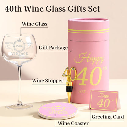 40th Birthday Gifts for Her - Limited Edition Wine Glass Gift Box Set - Unique 40th Bday Gifts Ideas for Women, Friends, Sister, Mom, Wife, Daughter - 40 Years Old Gift, Party Decorations Supplies