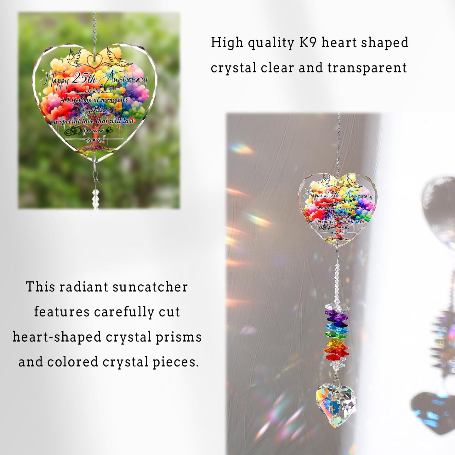 25th Anniversary Suncatcher Gifts for Couples, Wife, 25 Years of Marriage Crystal Hanging Heart Rainbow Maker Keepsake Home Garden Decor