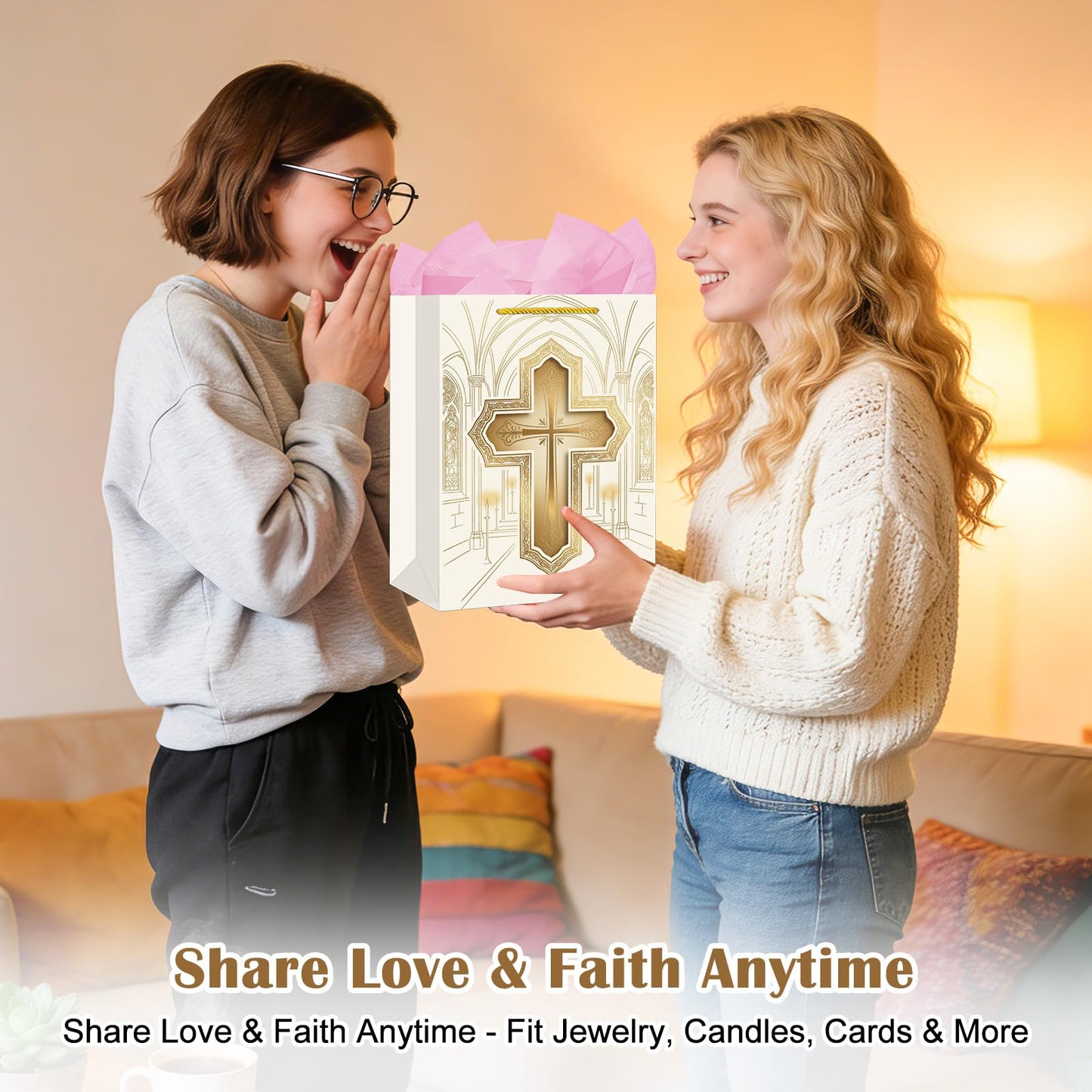 FaCraft Religious Gift Bag with Tissue Paper - Gold Cross First Communion Baptism Gift Bag for Boys Girl Baby Women Men - Catholic Christian Bags with Handle for Christenings Easter Wedding Clergy Day