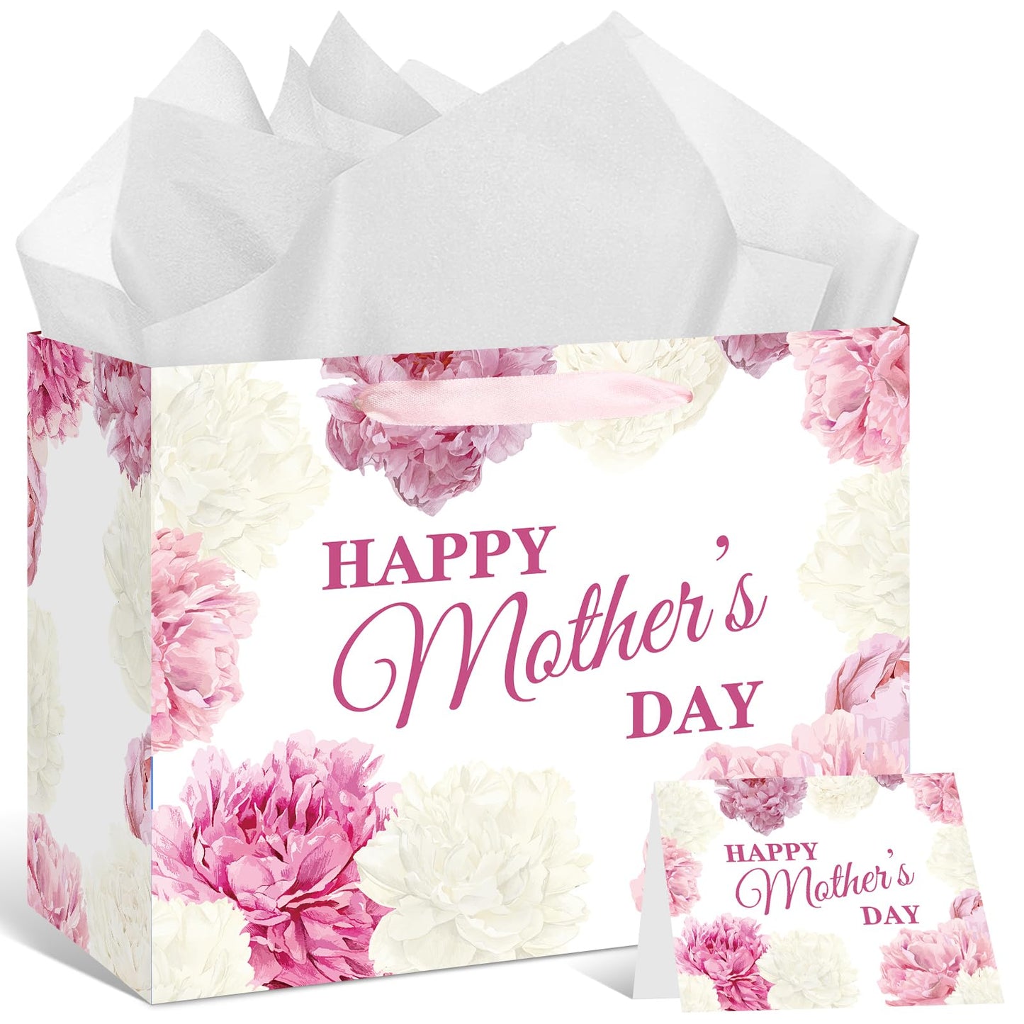 Yoirrat Mother's Day Flower Gift Bags White and Pink Happy Mother's Day Floral Gift Bags with Handle Gift Bags with Wrapping Paper Card Large Mothers Day Paper Bags Mothers Day Gifts Party Supplies