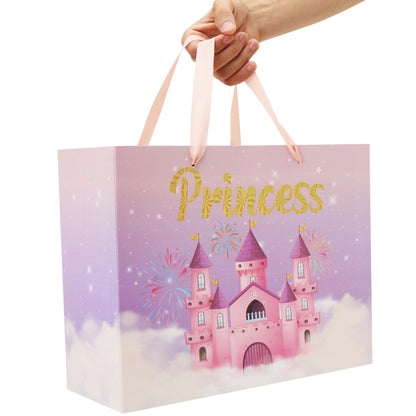 wishinside 13'' Large Princess Gift Bag Set with Handles, Greeting Card, Purple Tissue Papers and Stickers for Women Girls Kids Teens for Birthday Party, Wedding, Anniversary, Castle Design, 1 Pcs
