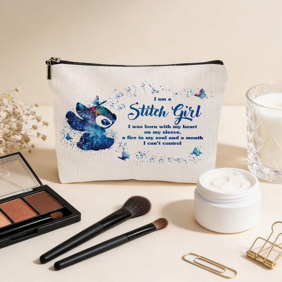 JIUWEIHU Stitch Girl Makeup Bag for Fans Cartoon Love Gift Hawaiian Bags Party Merch Inspired Fans Gifts Travel Makeup Bag Zipper Pouch Cosmetic Bags Toiletry