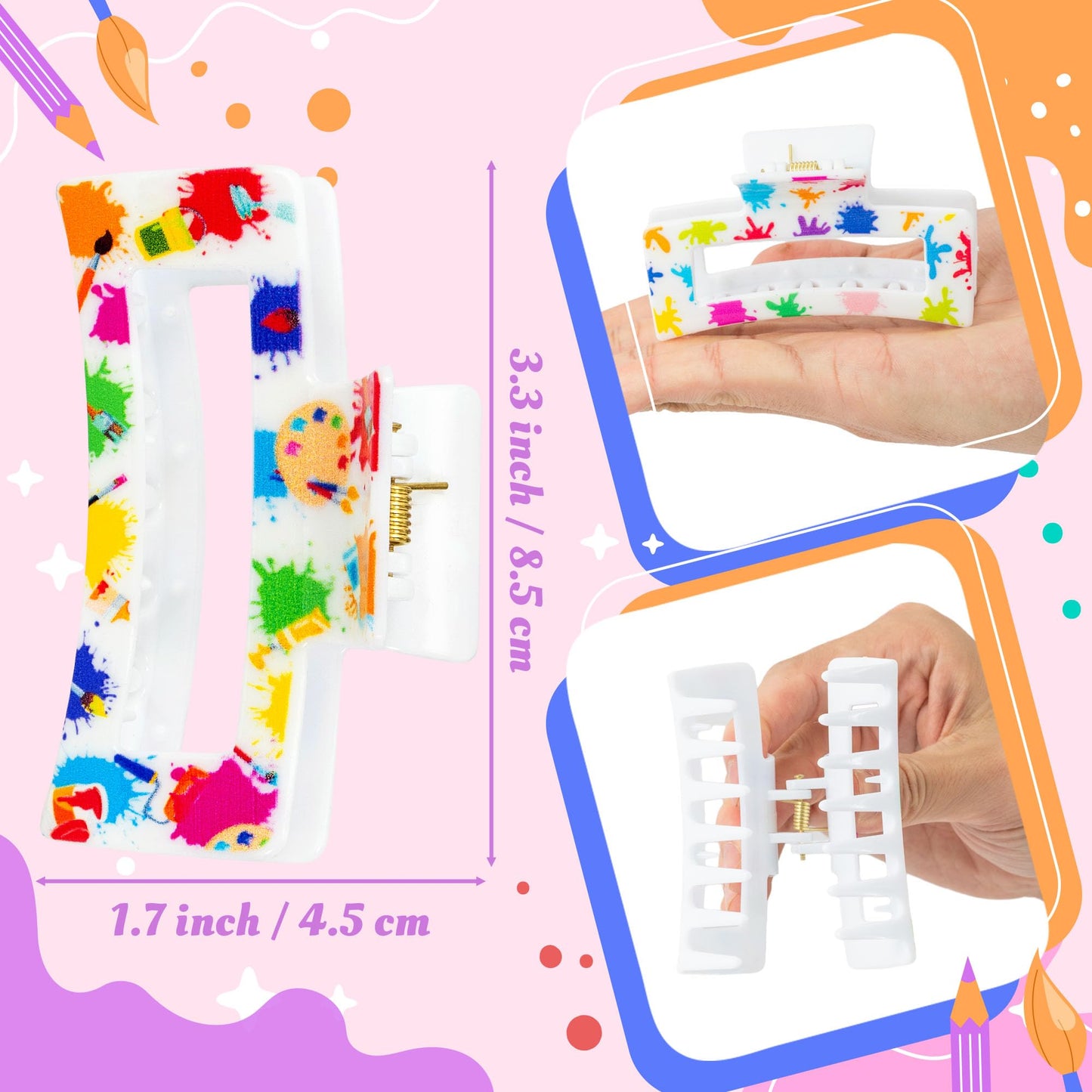 PANTIDE 4Pcs Art Painting Hair Claw Clips for Women Girls - Back to School Artistic Brushes Palette Rectangle Nonslip Hair Clip, Thin Thick Short Long Curly Hair Accessories, Art Teacher Birthday Gift