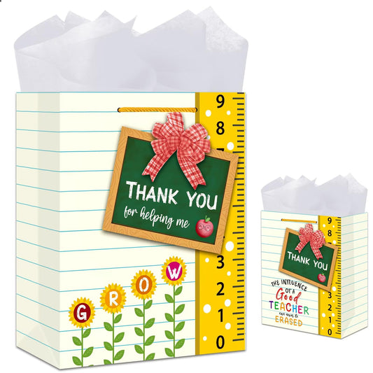 BIZIBAFF Teacher Appreciation Gift Bag - 13" Large Teacher Gift Bag with Tissue Paper and Handle Thank You Teachers Retirement Gifts Bag Graduation End of Year Gift for Teachers Appreciation