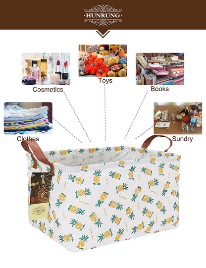 Rectangle Canvas Storage Basket Foldable Waterproof Toy Organizer Bin with Handles Fabric Collapsible Storage Bins for Shelves Kids Room Playroom Nursery Clothes and Pet Supplies(Rectangle Pineapple)