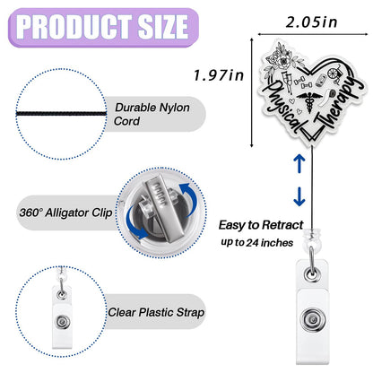 Cute Physical Therapy Badge Reel Retractable, Elegant PT Badge Reel for Work, Funny PT PTA Student Graduation Gifts, Physical Therapist Acrylic Badge Holder with Swivel Alligator Clip & 24” Nylon Cord