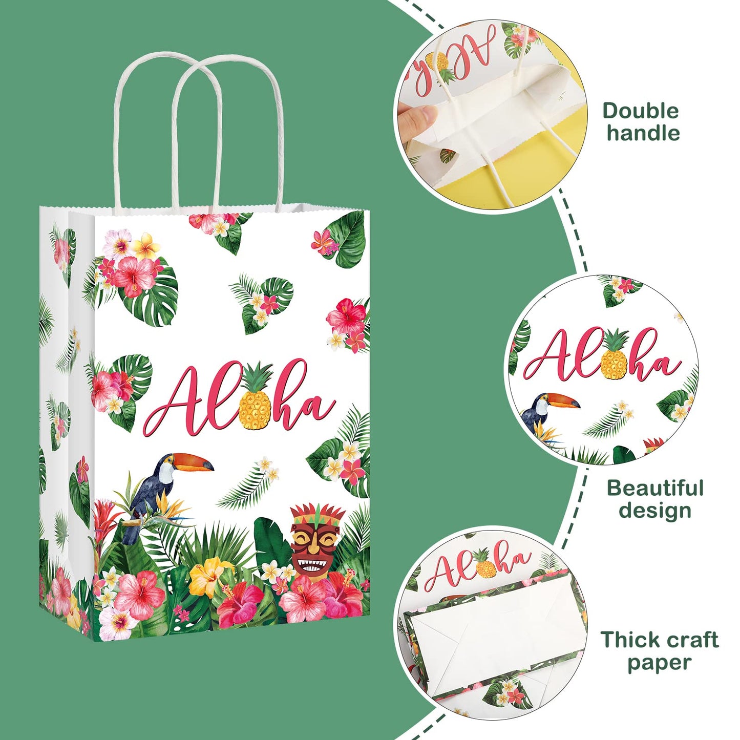 Pajean 16 Pack Hawaiian Gift Bag Luau Party Summer Tropical Palm Leaf Paper Bag with Handle for Candy Treat Summer Tropical Aloha Festival Hawaiian Luau Holiday Party Supplies Favor