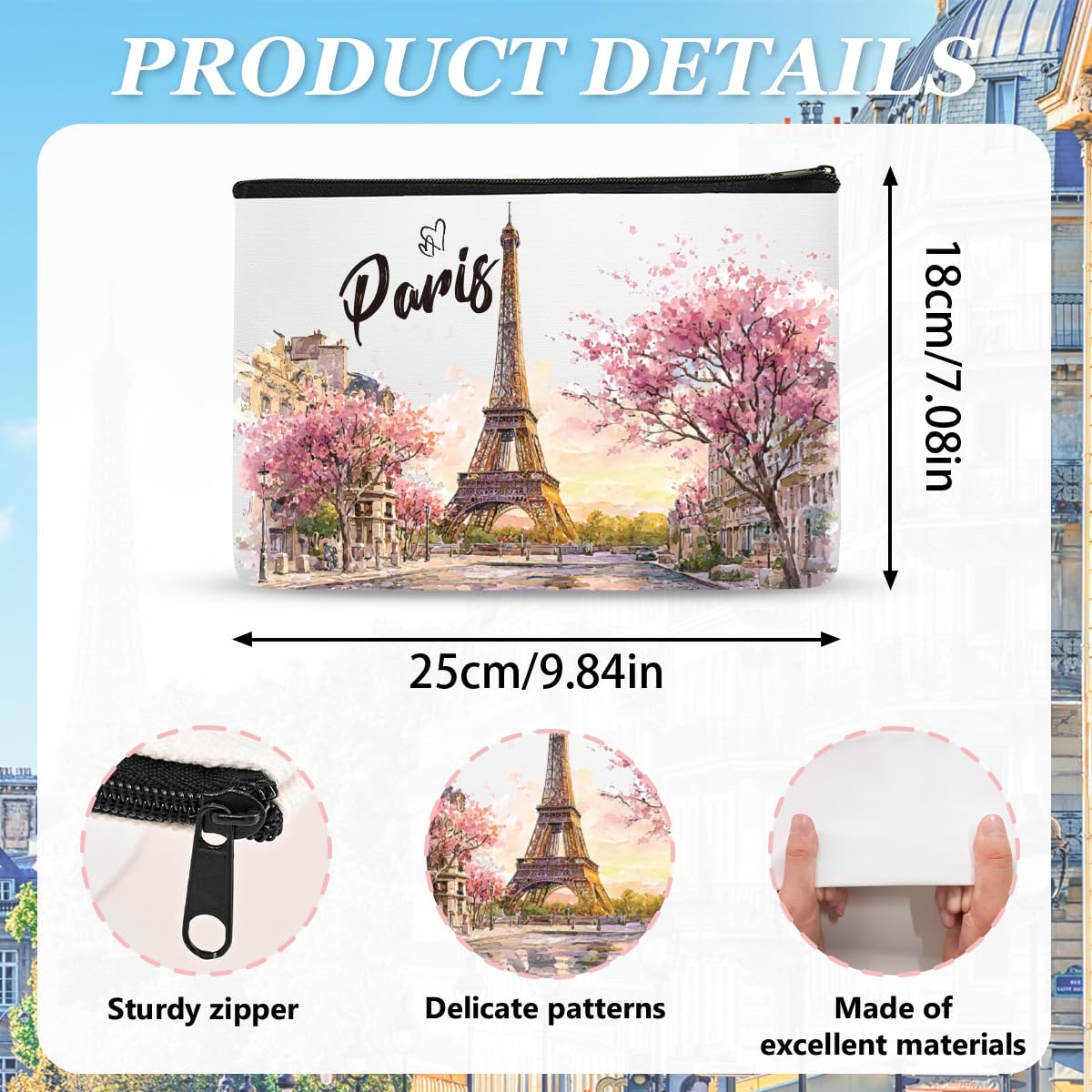 Paris Makeup Bag Gifts for Women, Paris Souvenirs from France, Traval Themed Gifts Set Cosmetic Bag with Bracelet and Keychain, Travel Organizer Toiletry Pouch for Mom Wife Sister Friends