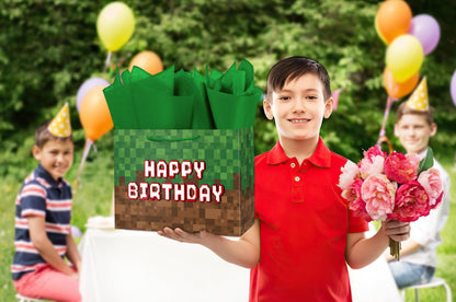 Ranfashiong 16" Extra Large Pixel Theme Birthday Boys Gift Bag with Tissue Paper and Card for Kids, Men Party Supplies (Green)