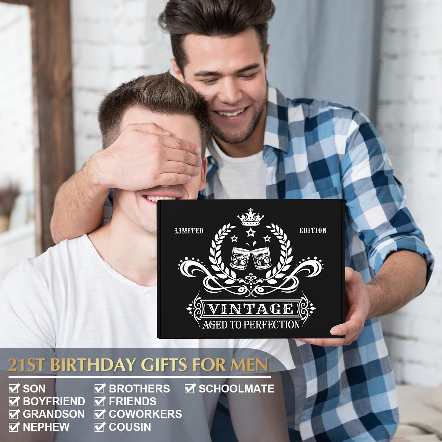 16 Pcs Happy 21st Birthday Gifts for Him, 21 Year Old Boy Birthday Party Gifts with 11 Oz Whiskey Glass 1.7 Oz Shoot Glass Coaster Hat Socks for Men, Son, Nephew, Grandson, Brother, Boyfriend, Friends
