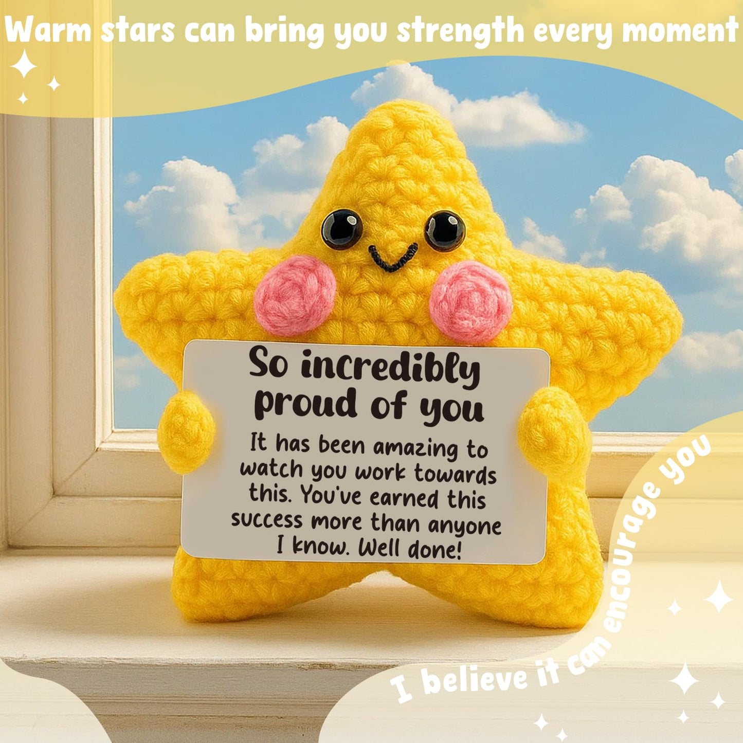 Congratulations Gift for Men Women - Crocheted Star with Motivational Message - Proud of You, Graduation, New Job, Promotion Gift for Son Daughter Friend - Unique Encouragement Keepsake & Desk Decor