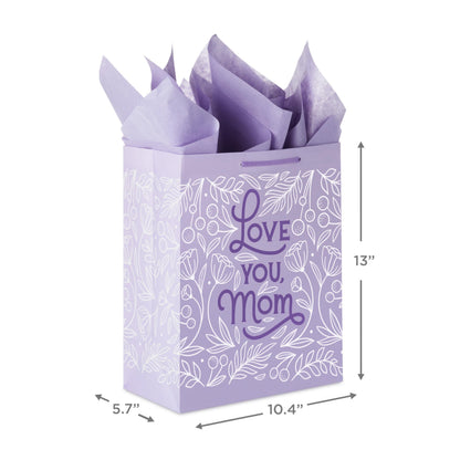 Hallmark 13" Large Mother's Day Gift Bag with Tissue Paper and Card (Love You Mom, Lavender, Modern Flowers)