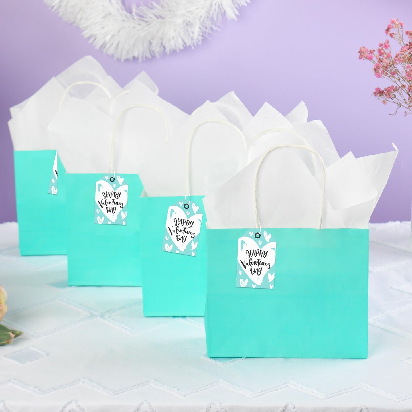 DjinnGlory 24 Pack Mini Tiny Teal Paper Gift Bags (Turquoise Aqua Blue) with White Tissue Paper for Summer Pool Party Supplies, Small Merchandises, 6x5x2.5 Inch
