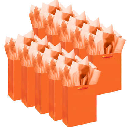qiqee 10PCS Bright Orange Mini Gift Bags with Tissue Paper Handles 6.3"x4.7"x2.4" Small Size Present Party（10pcs Bags, Tissue Paper ）