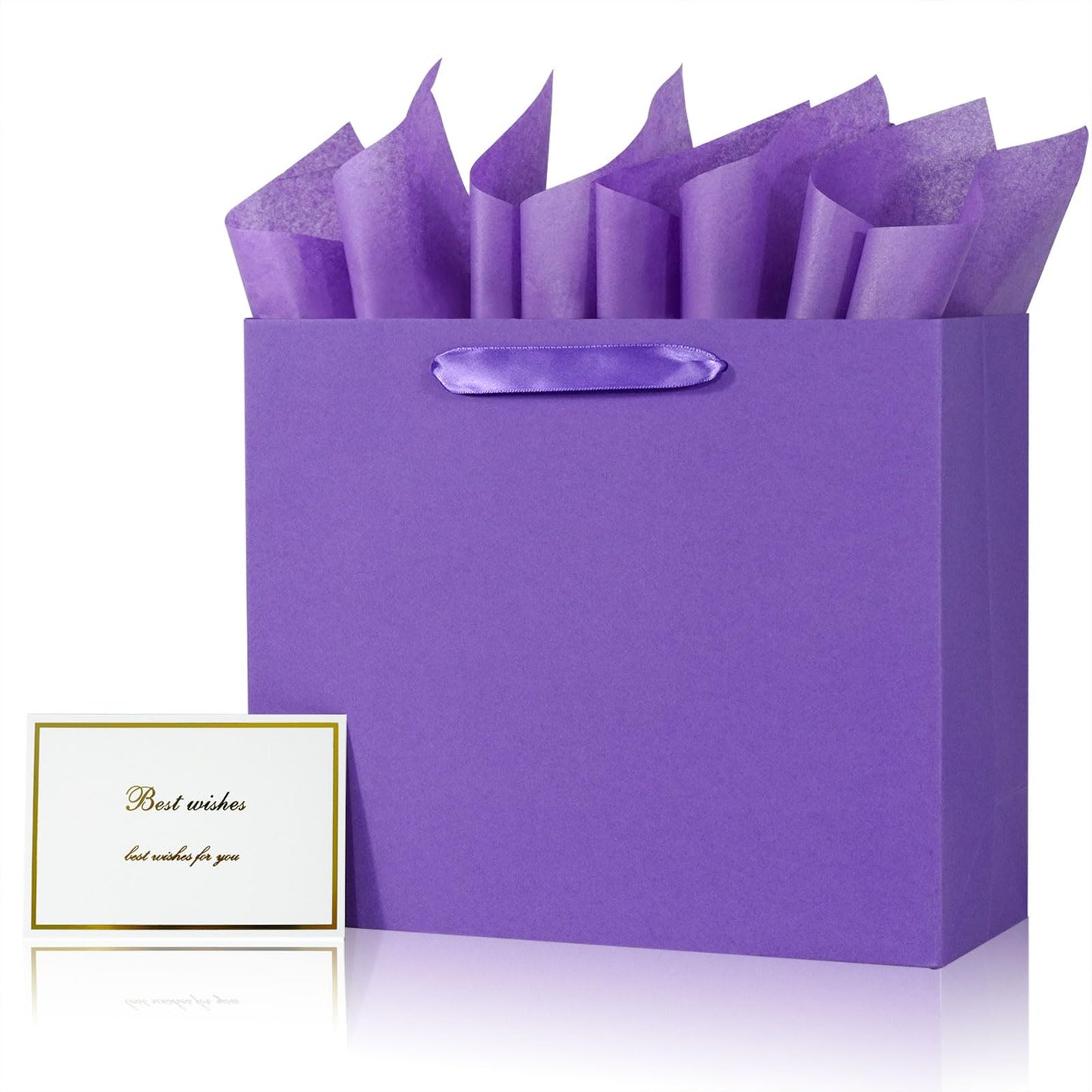 Elegant Purple Gift Bag 11.8"x4.5"x9.8" with Ribbon Handles, Includes Card and Tissue Papers, Perfect for Birthdays, Weddings, Parties, Holidays, Baby Shower