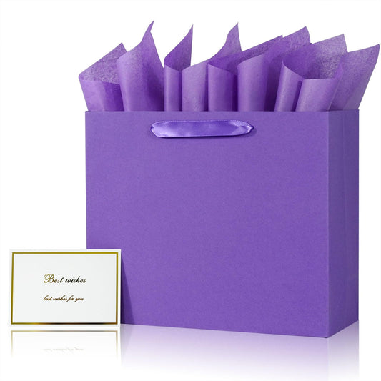 Elegant Purple Gift Bag 11.8"x4.5"x9.8" with Ribbon Handles, Includes Card and Tissue Papers, Perfect for Birthdays, Weddings, Parties, Holidays, Baby Shower