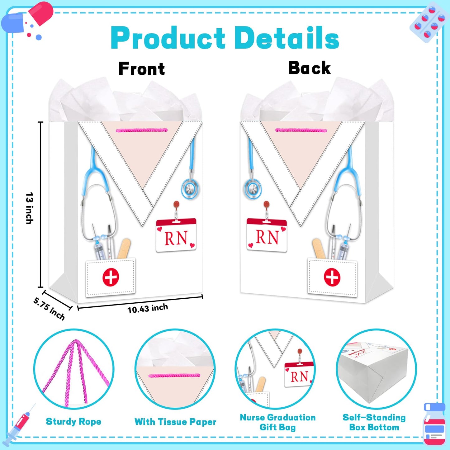 HEYINSHEN Nurse Graduation Gifts Bag 13" Large Congrats Nurses Gift Bag with Tissue Paper & Handles Gifts Bag for Nursing Grads Medical School Graduation Decor Nurse Week Celebrations