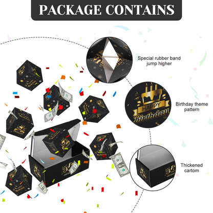Exploding Gifts Box, Black Gold Surprise Explosion Gifts Box Birthday Money Boxes for Cash Gifts Pop Up Birthday, DIY Unique Folding Happy Birthdays Surprise Boxes Party Favors for Men Women