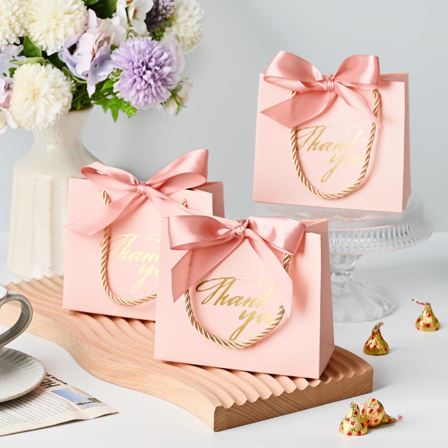 Mauproy 20 Pack Small Thank You Gift Bags with Handles, 5.5''x 2.5''x 4.7'' Mini Paper Gift Bags with Ribbons Party Favor Bags for Graduation Wedding Baby Shower (Pink)