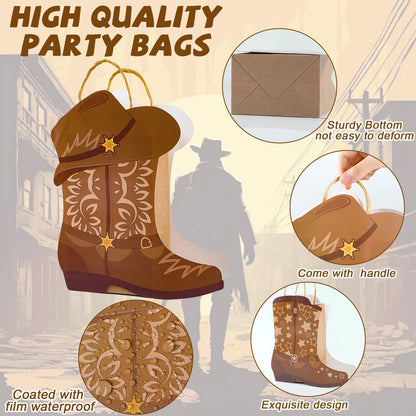 12Pcs Cowboy Boots Paper Bags Western Theme Party Decorations Favors Wild West Kraft Gift Bag with Handles Rodeo Cowgirl Boot Hat Goodie Bag for Cowboy Birthday Bachelorette Baby Shower Party Supplies