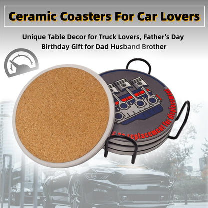 Fathers Day Dad Gifts Dad Birthday Gift, Car Guy Ceramic Coasters Set of 4 with Holder Absorbent Drink Coasters Home Table Coffee Kitchen Bar Decor Housewarming Gifts 4 Inches
