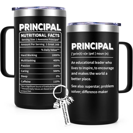 Qtencas Principal Appreciation Gifts for Men, Best Gifts for Principal Day, Principal Nutritional Facts Stainless Steel Coffee Mug, Teacher Appreciation Day(20oz, Black)